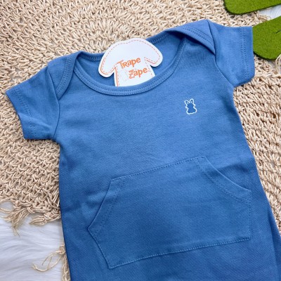 Macacão Manga Curta com Bolso Canguru - Azul Jeans